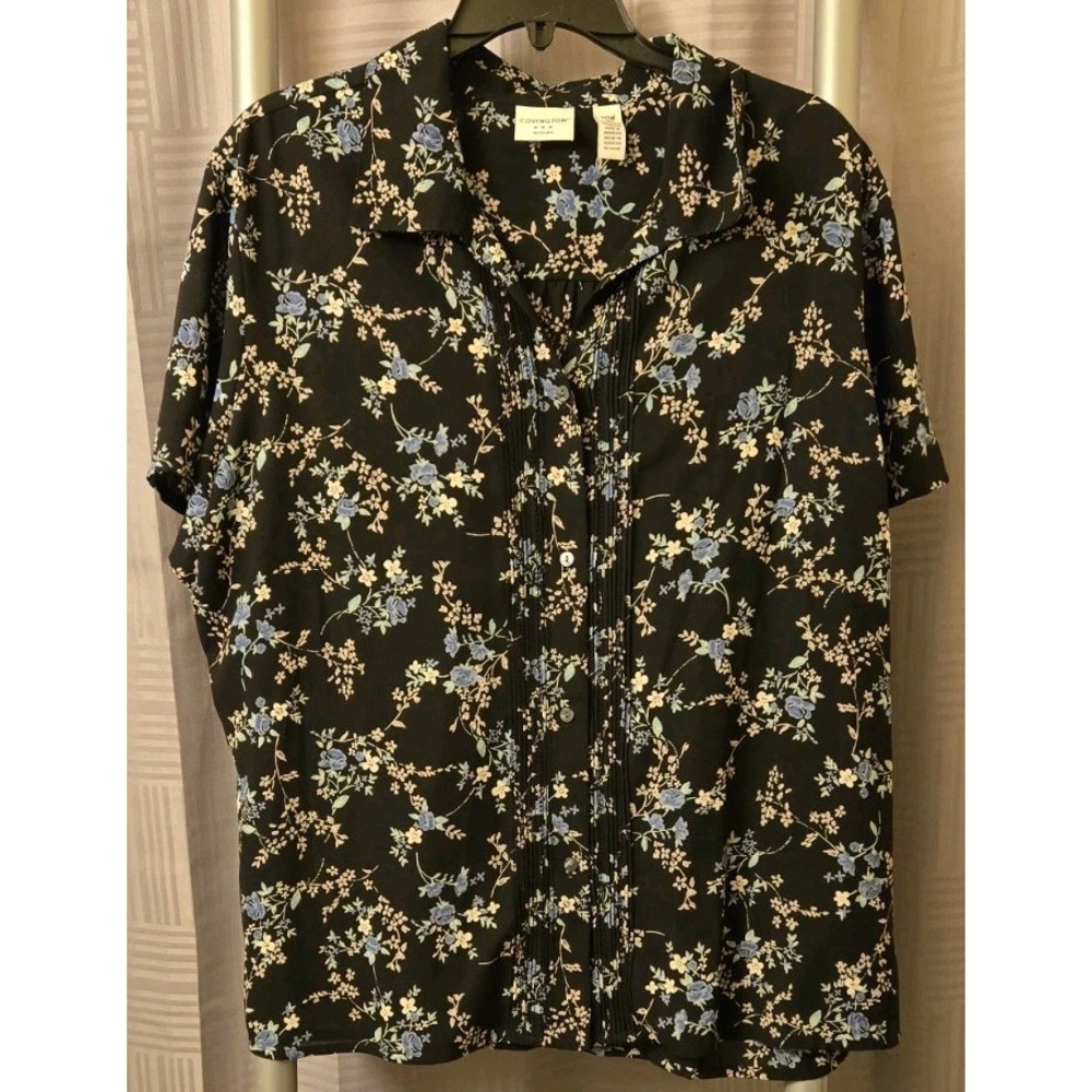 Covington Womens 20W Black Floral Button Front Blouse Short Sleeve Career Casual